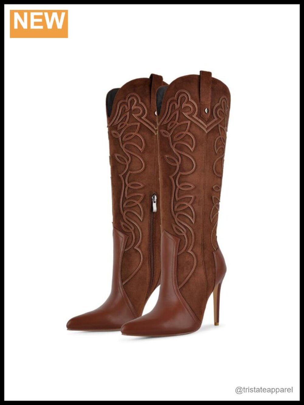 Knee-High Denim Patchwork Stiletto Heels Cowboy Boots Embroidered Retro Western